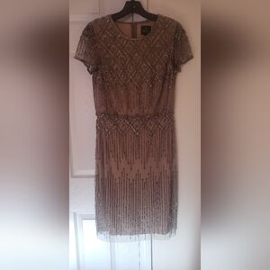 Taupe Adrianna Papell Beaded Short Dress Sze 6